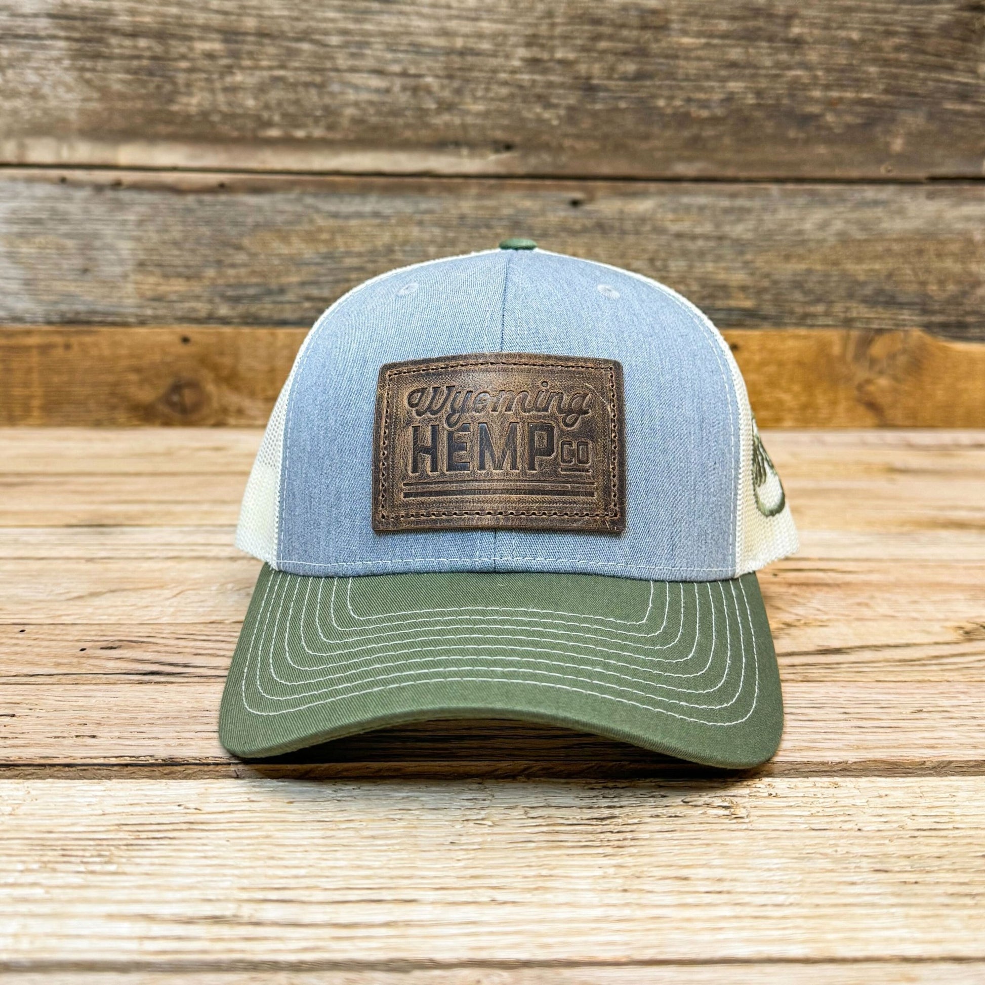 Leather Patch Logo Trucker Hat - Heather Gray/Birch/Army - Wyoming Hemp Company