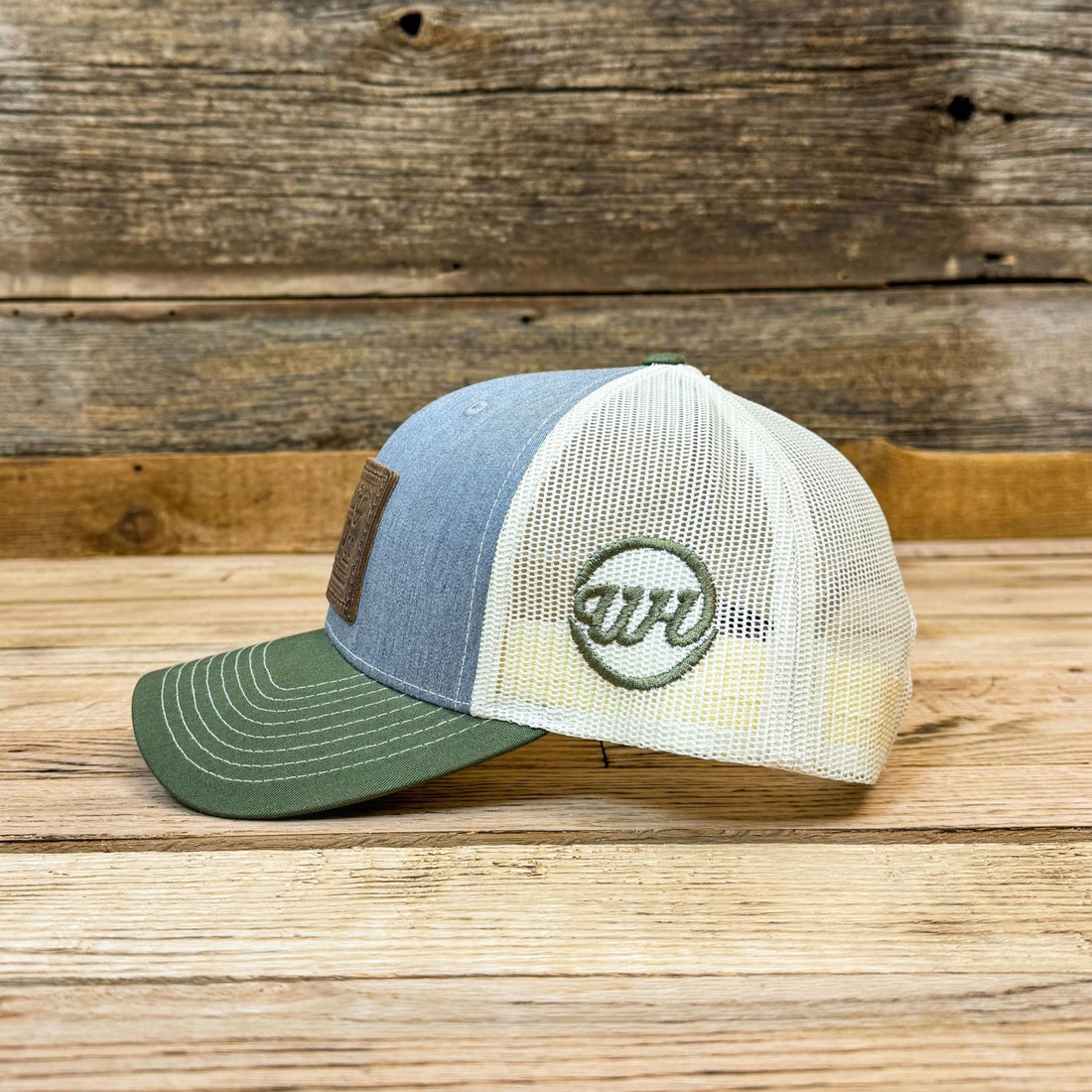 Leather Patch Logo Trucker Hat - Heather Gray/Birch/Army - Wyoming Hemp Company