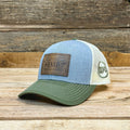 Leather Patch Logo Trucker Hat - Heather Gray/Birch/Army - Wyoming Hemp Company